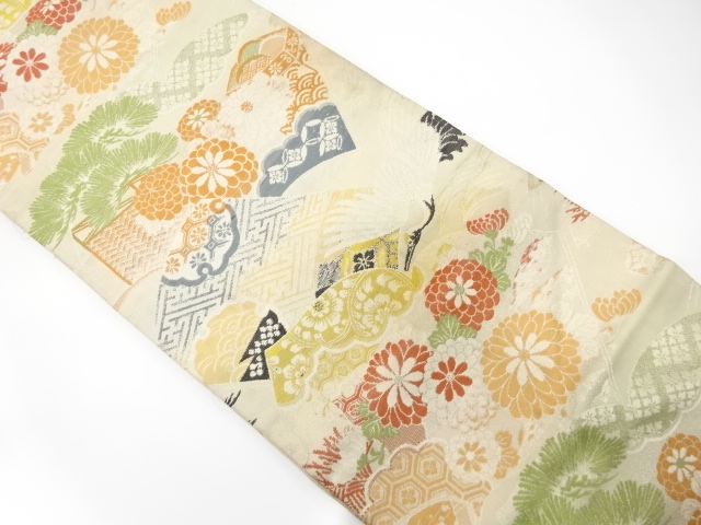 JAPANESE KIMONO / ANTIQUE MARU OBI / WOVEN CRANE & KIKU WITH PINE